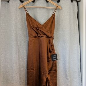 Lulus "Hot Night Out Bronze Satin Surplice Faux-Wrap Dress"